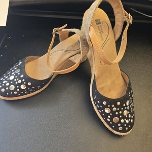 White Mountain Black Embellished Ankle-Strap Espradrille Wedges, Size 7.5